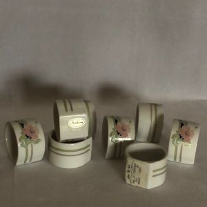 Porcelain or Ceramic (?) Hibiscus Pattern Napkin Rings Set of Eight